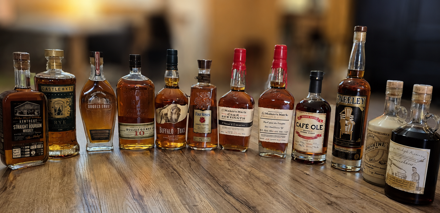 A lineup of bourbon bottles on a wood floor