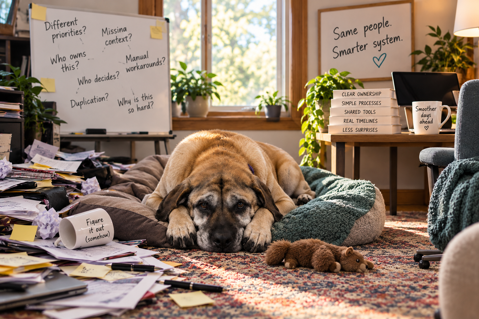 Peanut, an English Mastiff, rests between a cluttered work area and a calmer, more organized workspace built around clearer ownership, simpler processes, and shared tools.