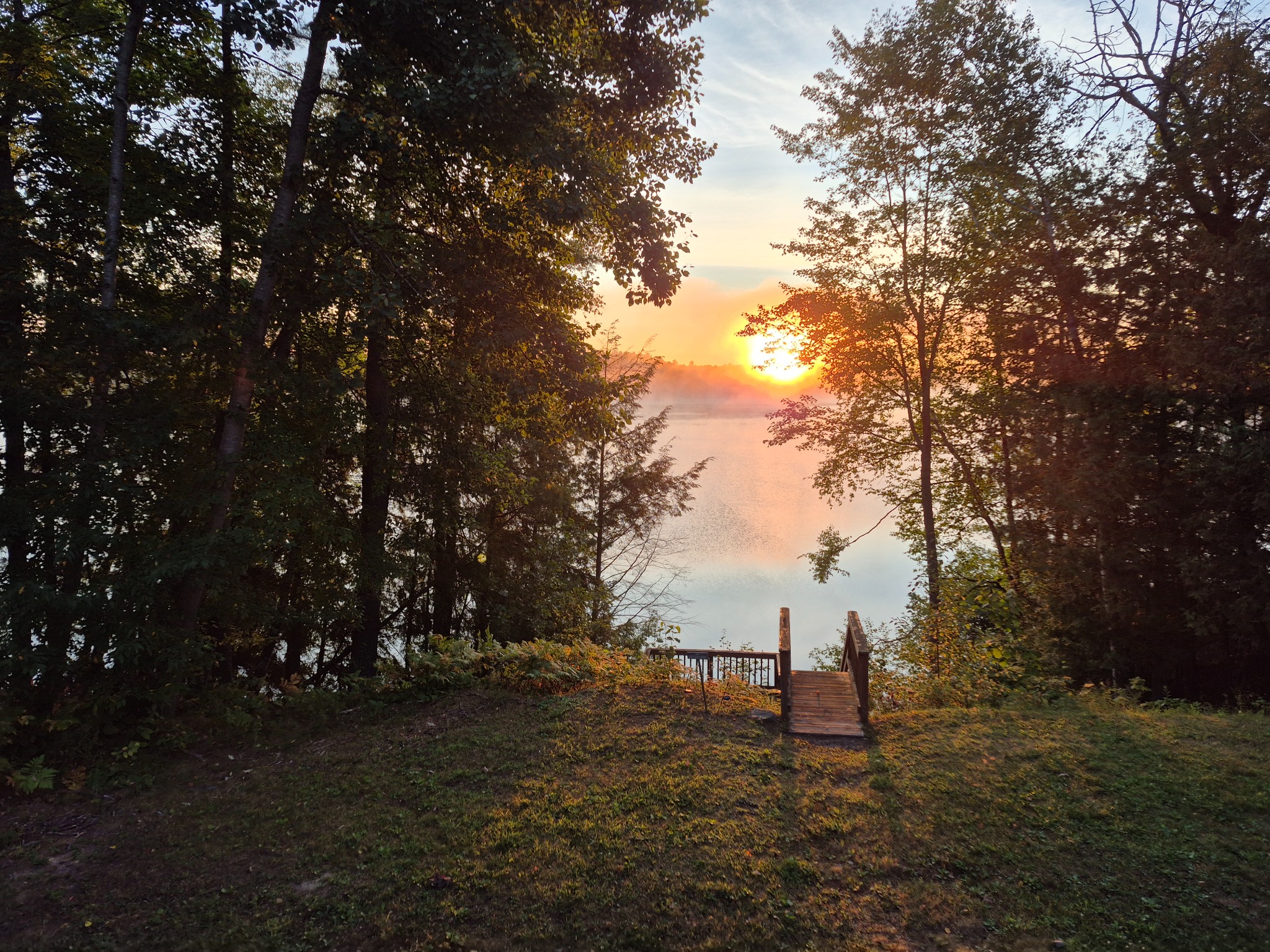 Sunrise over a quiet lake framed by trees