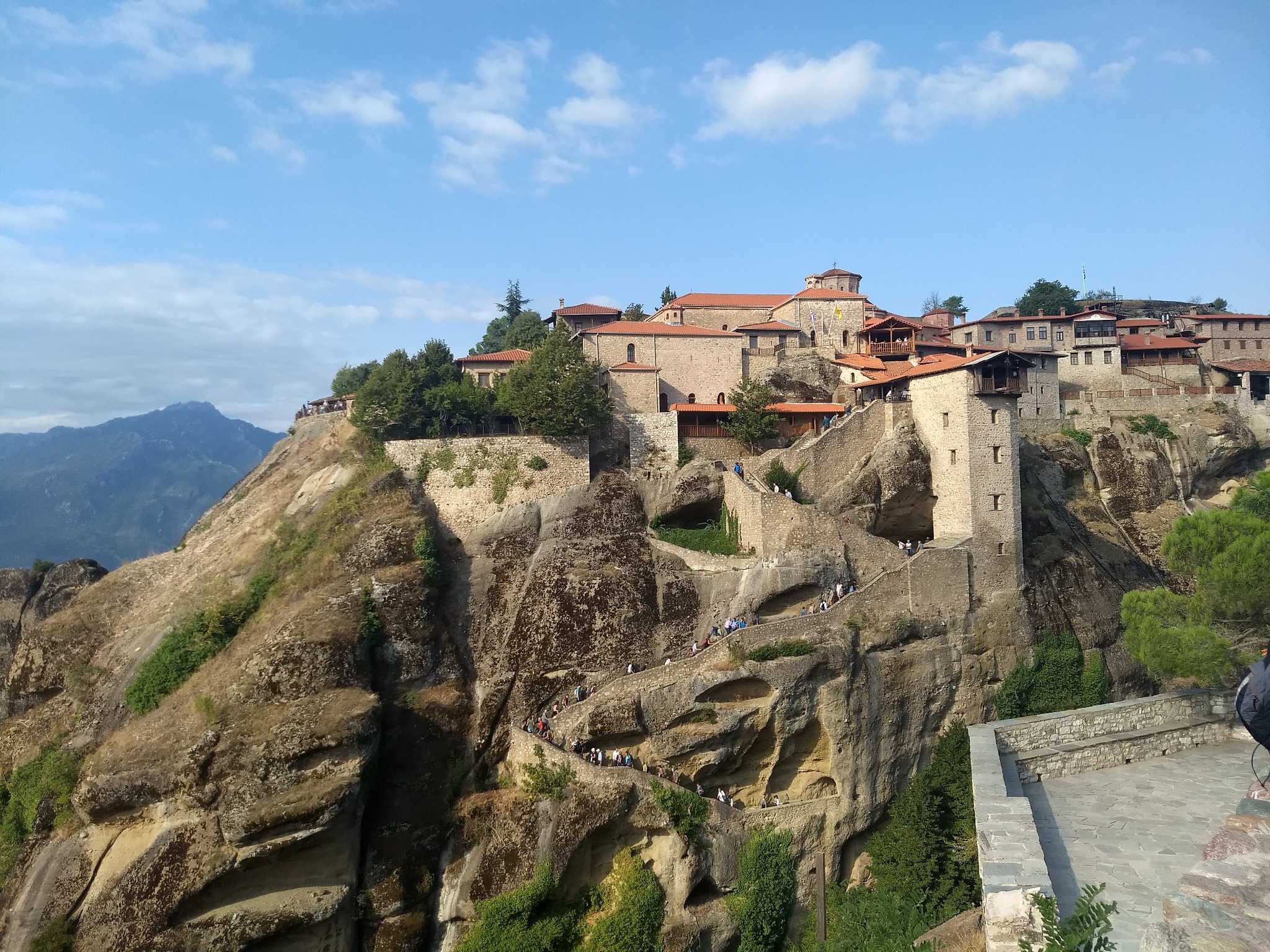 Historic Meteora monastery complex built into rocky cliffs in Greece