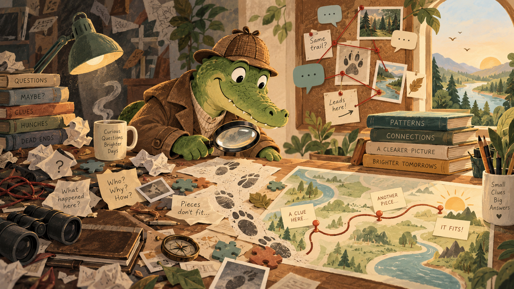 A friendly alligator detective follows scattered clues, patterns, and a map toward a clearer picture.