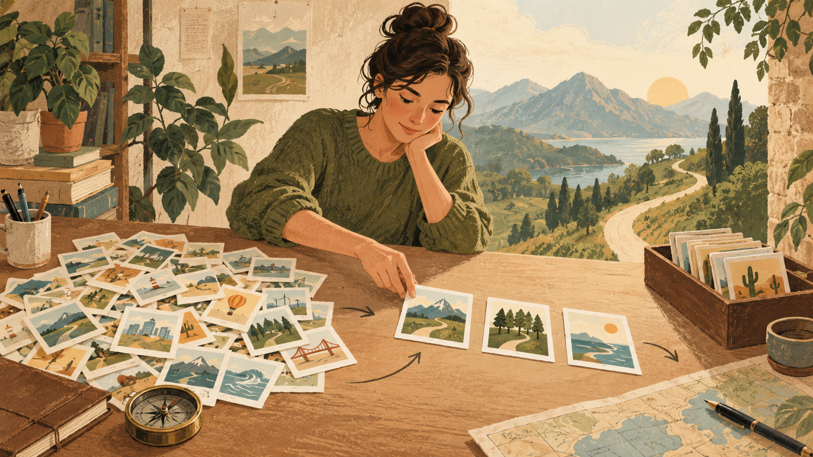 A thoughtful planner sorts many possible route cards into a smaller set of deliberate paths forward.